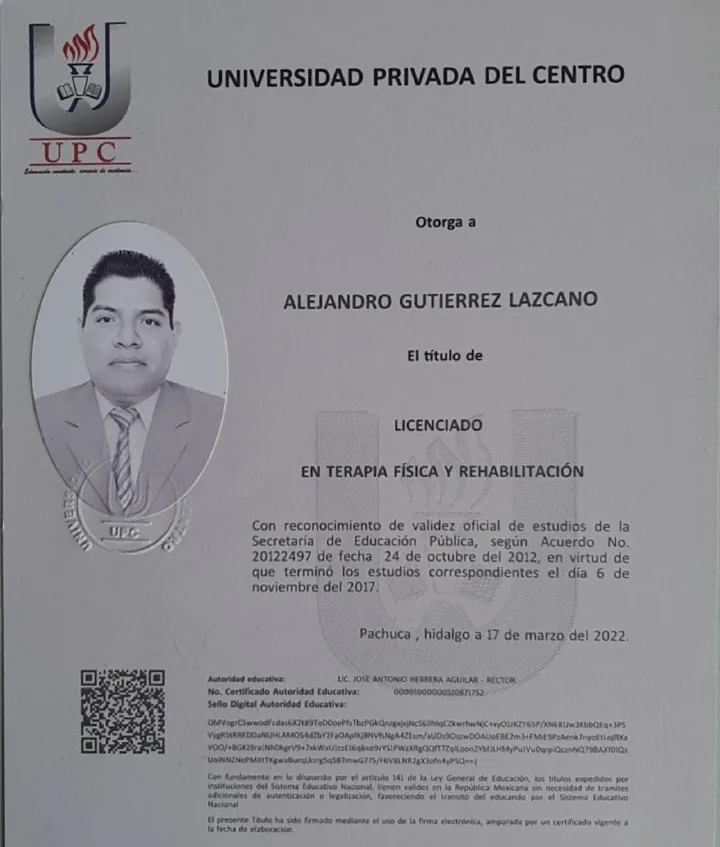 Título de Licenciado en Terapia Física y Rehabilitación, Universidad Privada del Centro